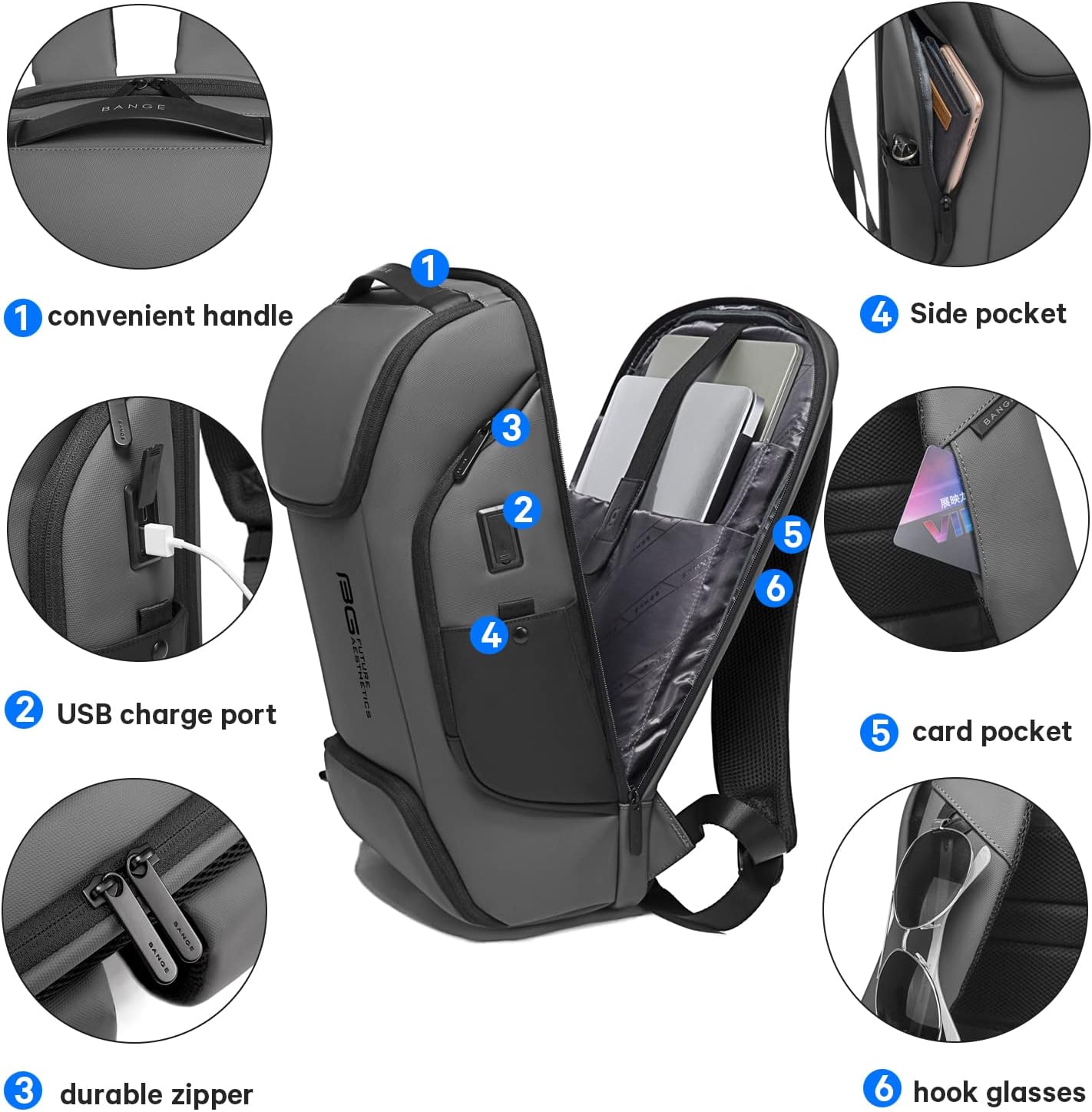 BANGE Business Laptop Smart backpack Can Hold 15.6 Inch Laptop Commute Backpack Carry on bag for men and women (Grey) - Image 4
