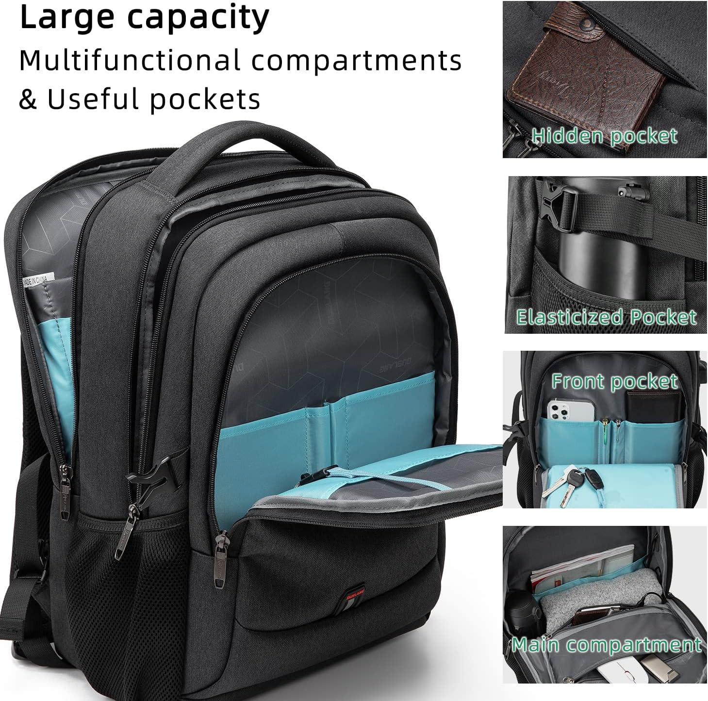 DUSLANG 17 Inch Laptop Backpack for Travel Water Resistant College Backpack for Men/Women Laptop Bag with USB Charging Port,Black - Image 2