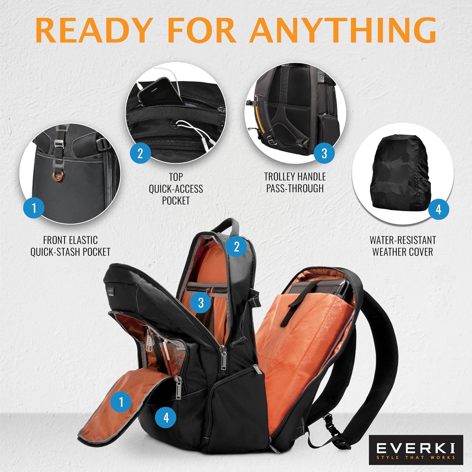 EVERKI Business 120 Laptop Backpack with Rain Cover, 40L Capacity, Large Compartment for Laptops Up to 18.4", 180° Fold-Out Design, Padded Pocket, Durable Design with Multiple Pockets – EKP120 - Black - Image 4
