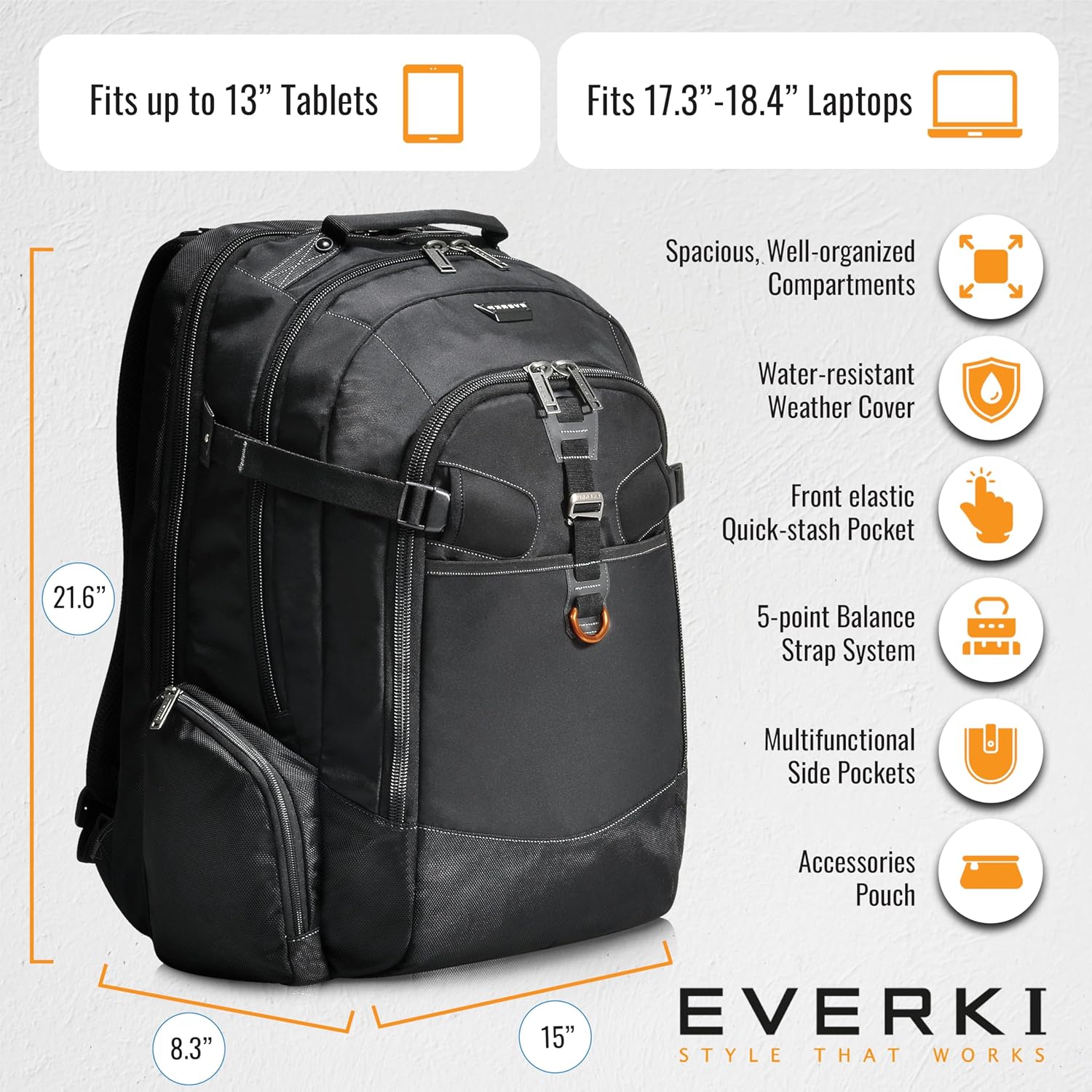 EVERKI Business 120 Laptop Backpack with Rain Cover, 40L Capacity, Large Compartment for Laptops Up to 18.4", 180° Fold-Out Design, Padded Pocket, Durable Design with Multiple Pockets – EKP120 - Black - Image 6