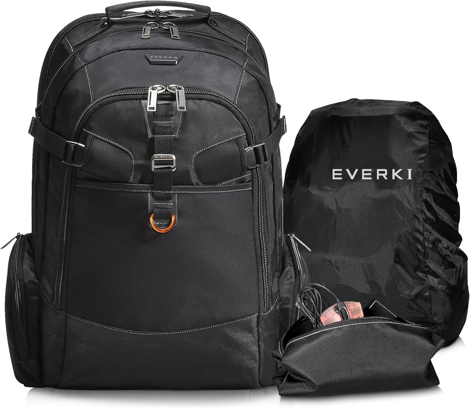 EVERKI Business 120 Laptop Backpack with Rain Cover, 40L Capacity, Large Compartment for Laptops Up to 18.4", 180° Fold-Out Design, Padded Pocket, Durable Design with Multiple Pockets – EKP120 - Black