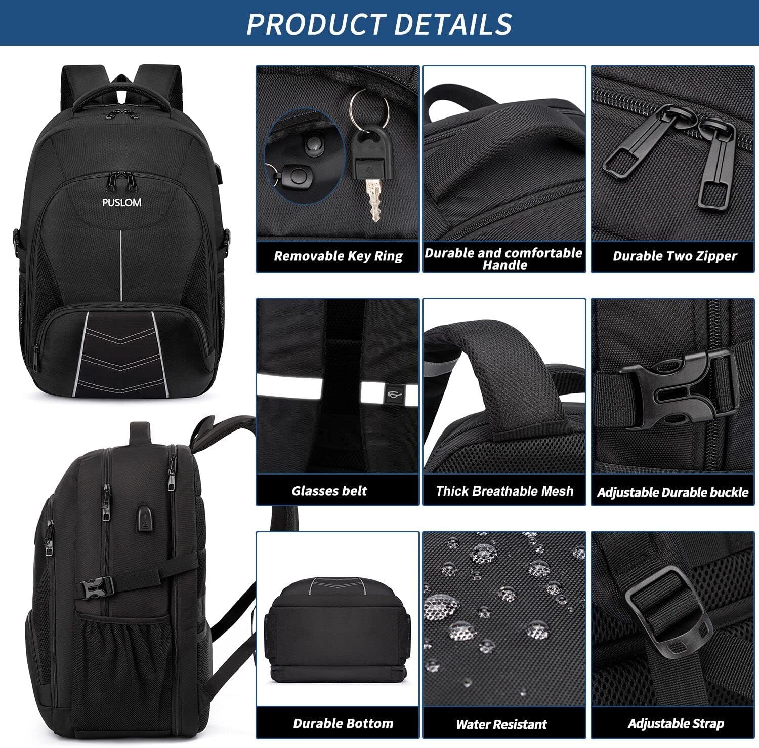 Extra Large Travel Laptop Backpack for Men, 55L Black Backpack i##e##s: 18.4Inch ^^ USB Charging Port ^^ Business ^^ Flight Approved ^^ Carry On Backpack ^^ TSA ^^ Big Capacity ^^ Heavy Duty ^^ Computer Bag ^^ College Bookbag :i##e##s - Image 4