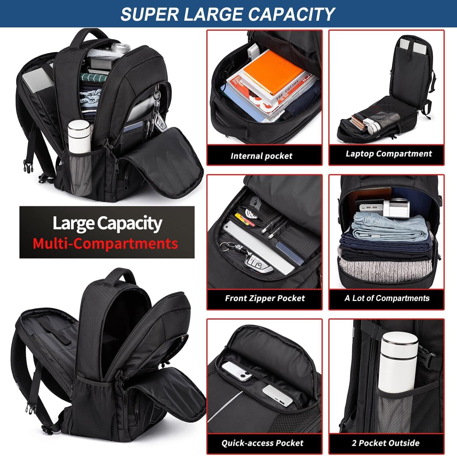 Extra Large Travel Laptop Backpack for Men, 55L Black Backpack i##e##s: 18.4Inch ^^ USB Charging Port ^^ Business ^^ Flight Approved ^^ Carry On Backpack ^^ TSA ^^ Big Capacity ^^ Heavy Duty ^^ Computer Bag ^^ College Bookbag :i##e##s - Image 3