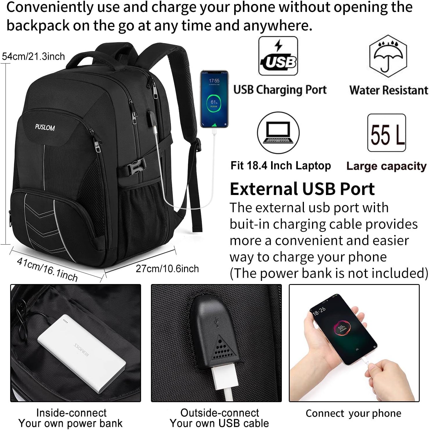 Extra Large Travel Laptop Backpack for Men, 55L Black Backpack i##e##s: 18.4Inch ^^ USB Charging Port ^^ Business ^^ Flight Approved ^^ Carry On Backpack ^^ TSA ^^ Big Capacity ^^ Heavy Duty ^^ Computer Bag ^^ College Bookbag :i##e##s - Image 2