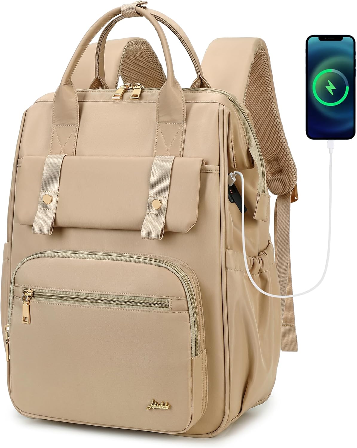 Hidds Laptop Backpack for Women 15.6 In Work Business Computer Bag School College Backpacks Commuter Back Pack Purse Girls Nursing Bookbags Womens Anti Theft Travel Daypack with USB Port - Champagne