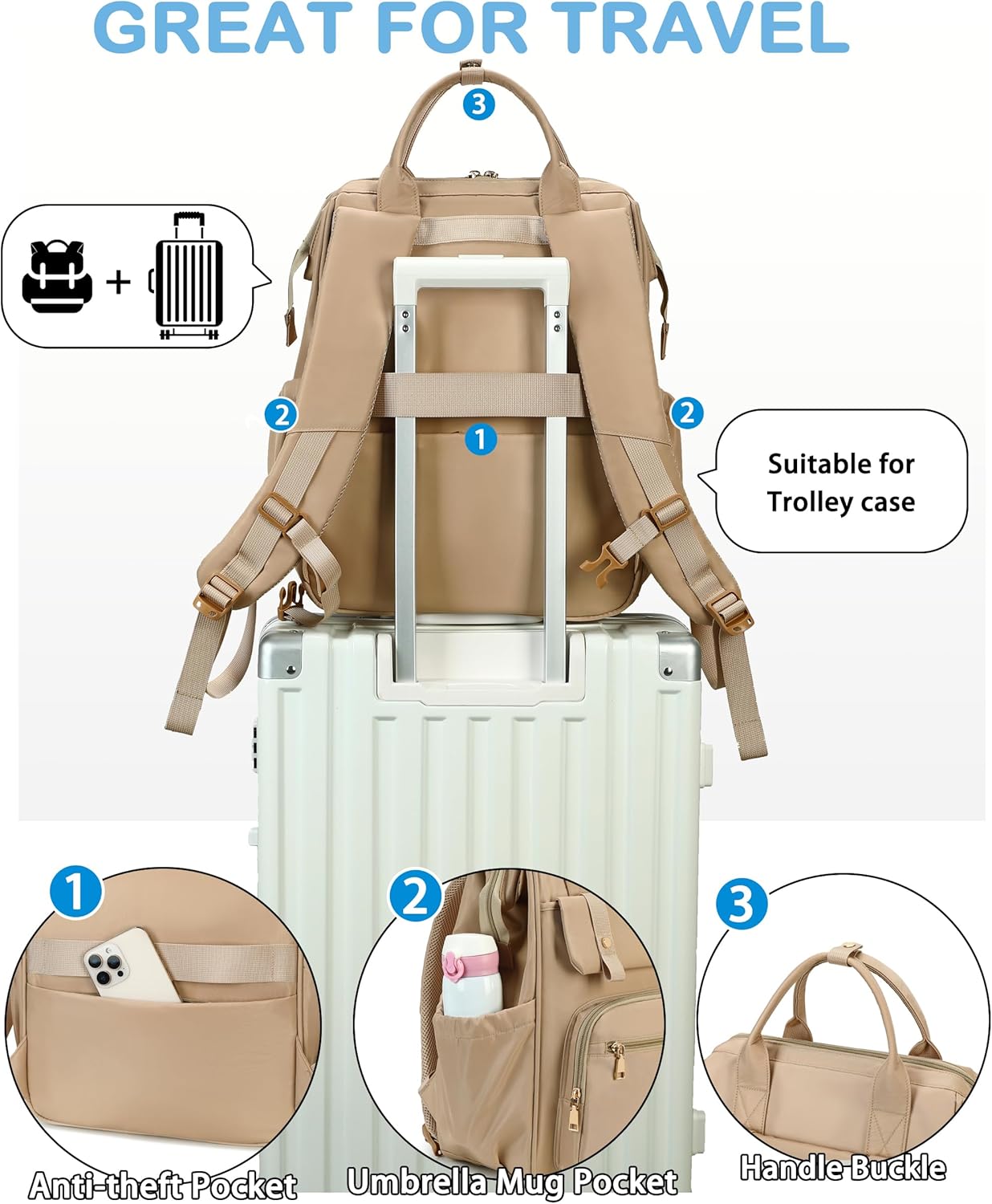 Hidds Laptop Backpack for Women 15.6 In Work Business Computer Bag School College Backpacks Commuter Back Pack Purse Girls Nursing Bookbags Womens Anti Theft Travel Daypack with USB Port - Champagne - Image 4