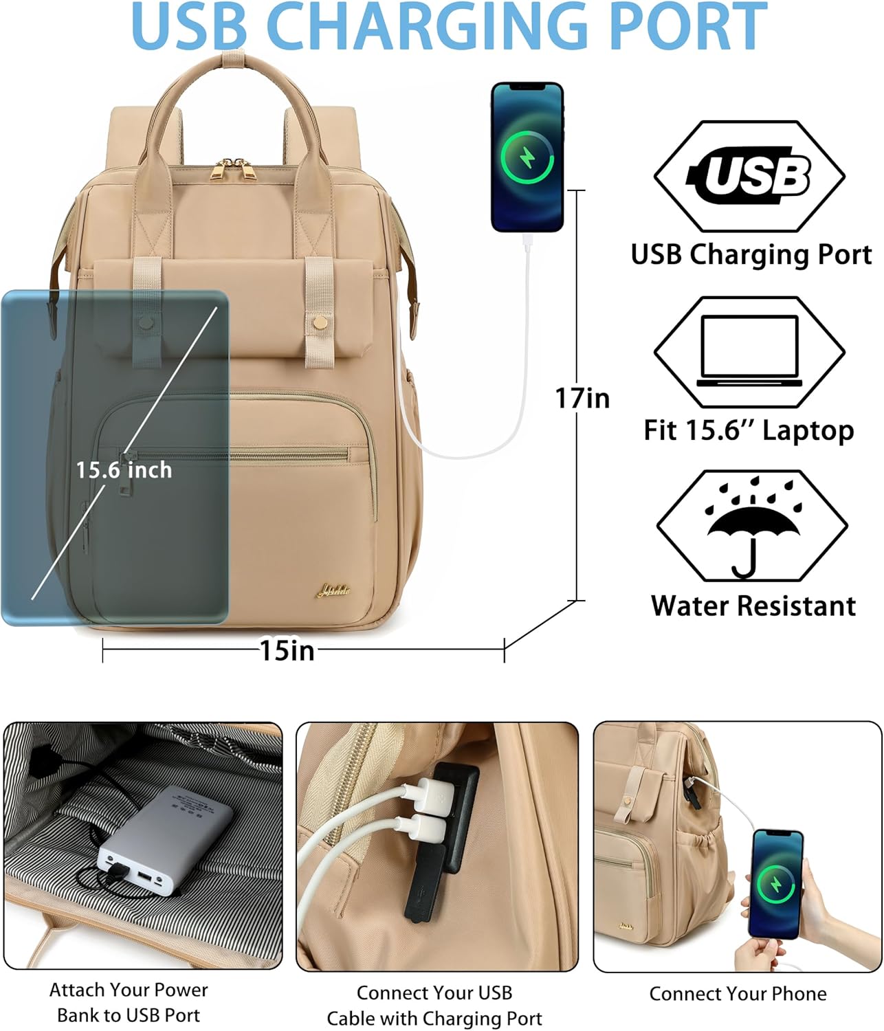 Hidds Laptop Backpack for Women 15.6 In Work Business Computer Bag School College Backpacks Commuter Back Pack Purse Girls Nursing Bookbags Womens Anti Theft Travel Daypack with USB Port - Champagne - Image 5