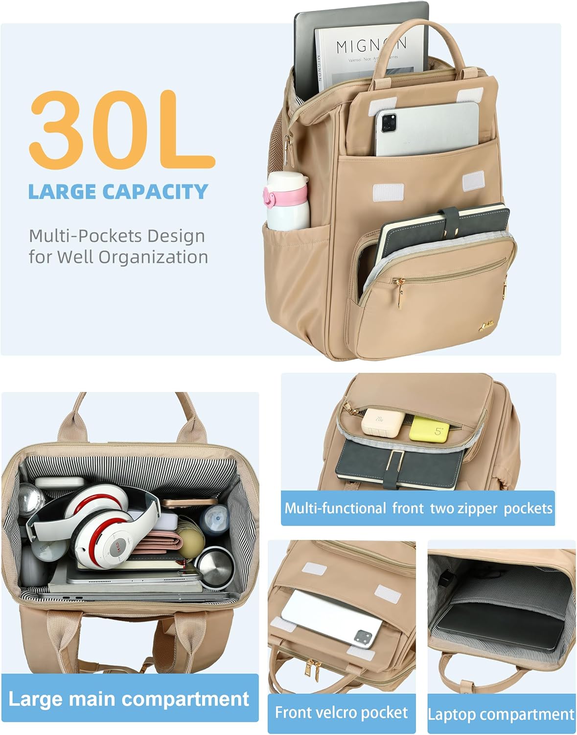 Hidds Laptop Backpack for Women 15.6 In Work Business Computer Bag School College Backpacks Commuter Back Pack Purse Girls Nursing Bookbags Womens Anti Theft Travel Daypack with USB Port - Champagne - Image 3