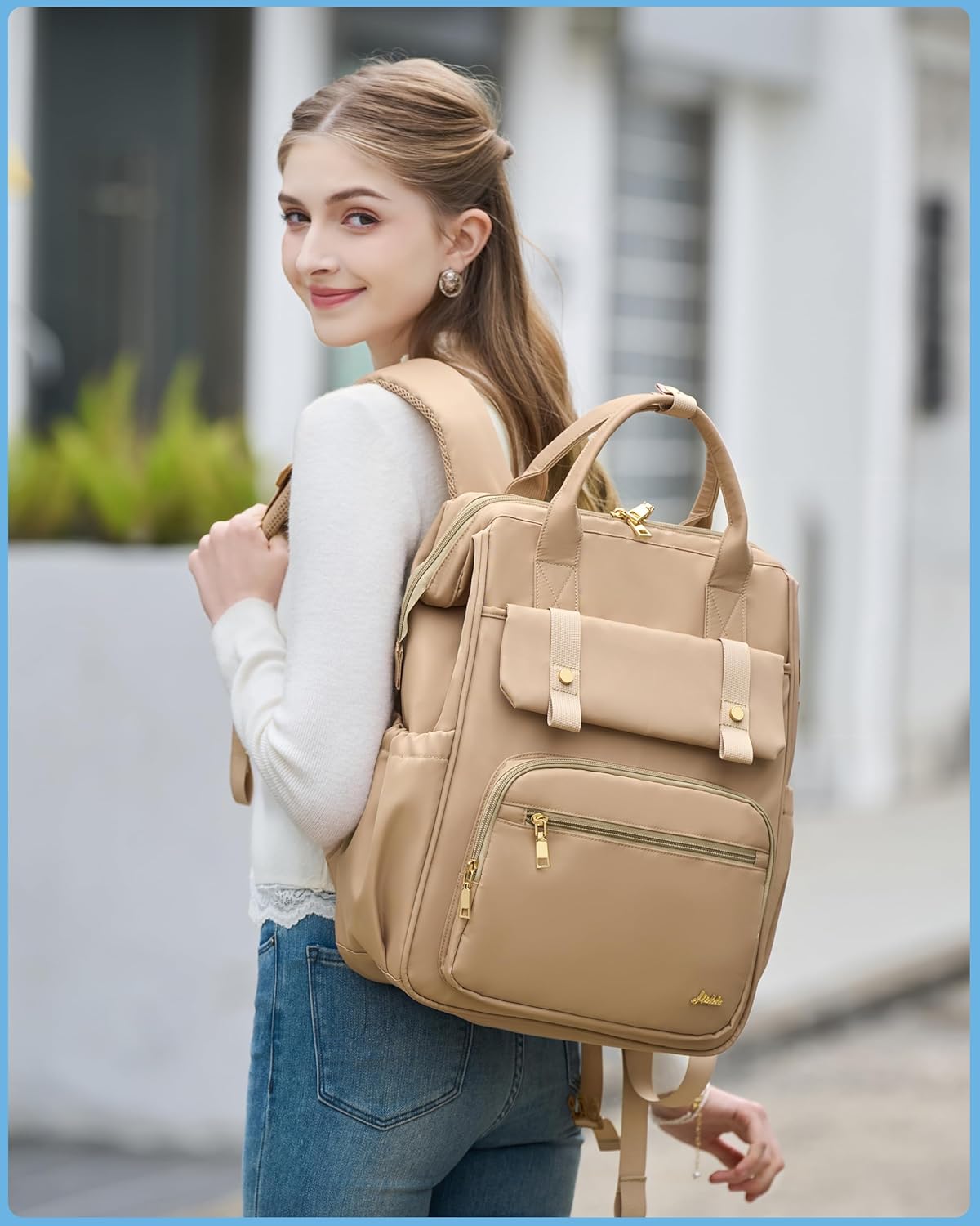 Hidds Laptop Backpack for Women 15.6 In Work Business Computer Bag School College Backpacks Commuter Back Pack Purse Girls Nursing Bookbags Womens Anti Theft Travel Daypack with USB Port - Champagne - Image 2