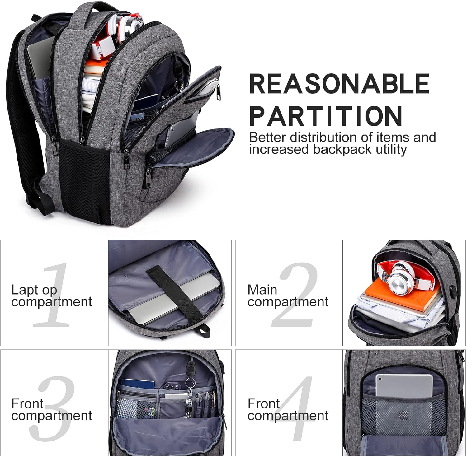 Laptop Backpack, 17.3 Inch Large School Backpacks with USB Charging Port, Anti Theft Water Resistant College Computer Bag Daypack for Men Women, Grey - Image 2