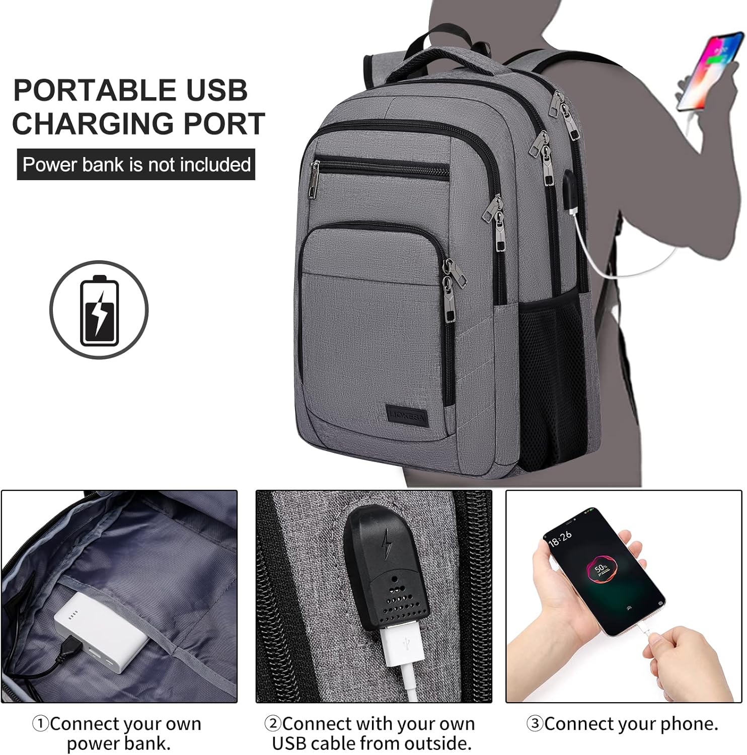 Laptop Backpack, 17.3 Inch Large School Backpacks with USB Charging Port, Anti Theft Water Resistant College Computer Bag Daypack for Men Women, Grey - Image 3