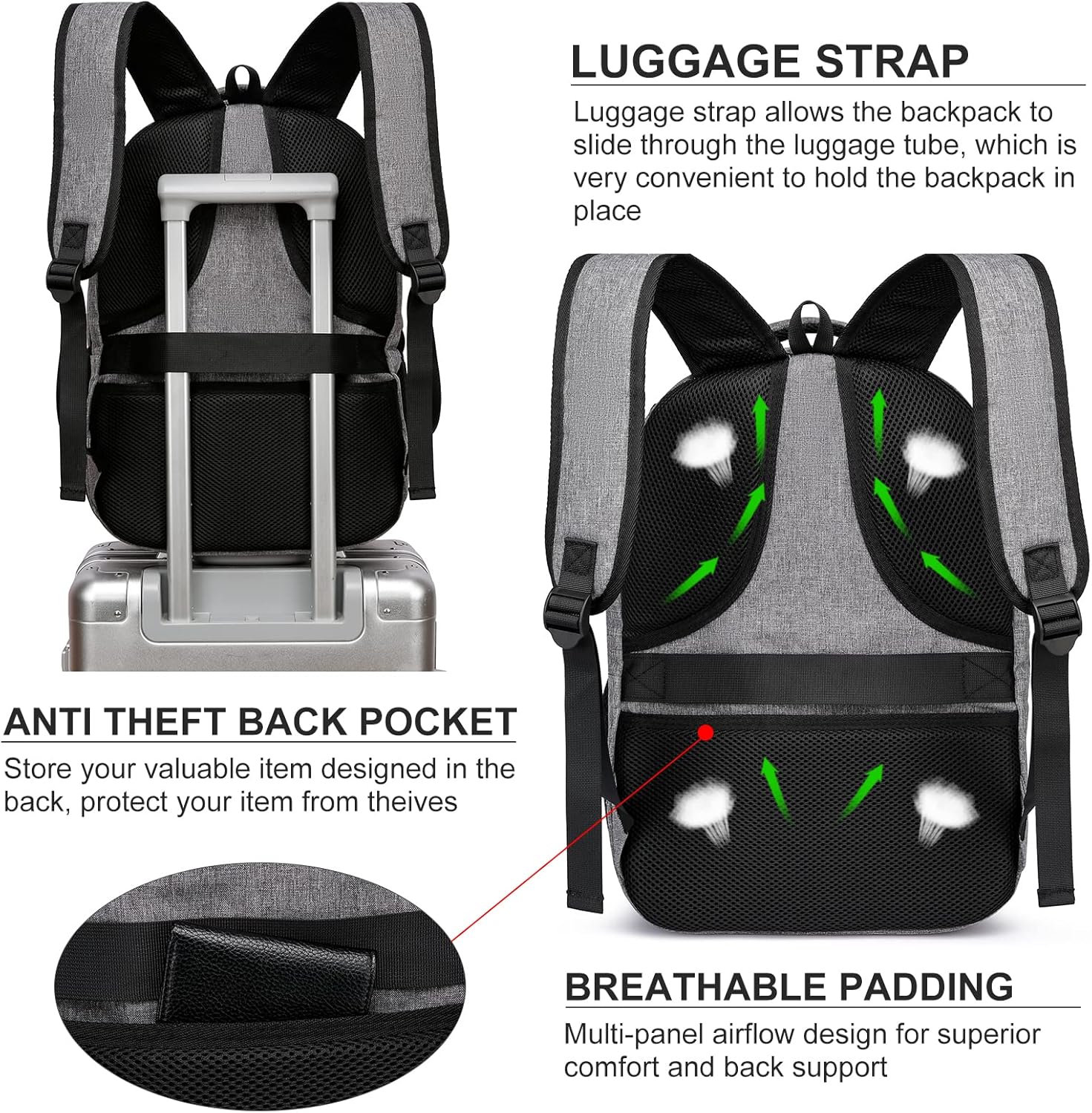 Laptop Backpack, 17.3 Inch Large School Backpacks with USB Charging Port, Anti Theft Water Resistant College Computer Bag Daypack for Men Women, Grey - Image 6