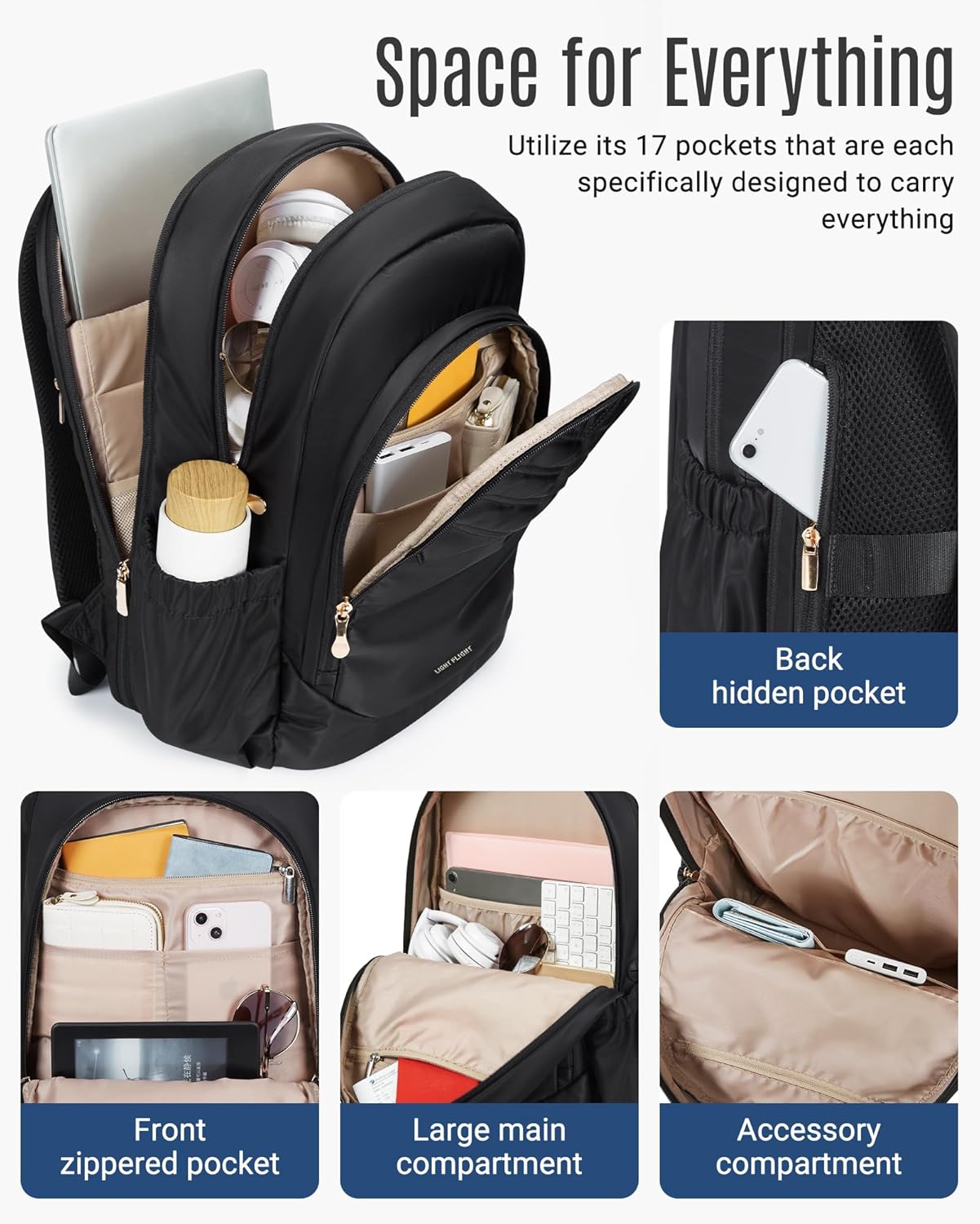 LIGHT FLIGHT 17.3" Laptop Backpack Large Black for Women i##e##s: Travel Backpacks ^^ with USB Charging Hole ^^ Water Resistant ^^ Large Capacity ^^ Daypack ^^ for College ^^ Work ^^ Casual ^^ Computer Bags :i##e##s - Image 4