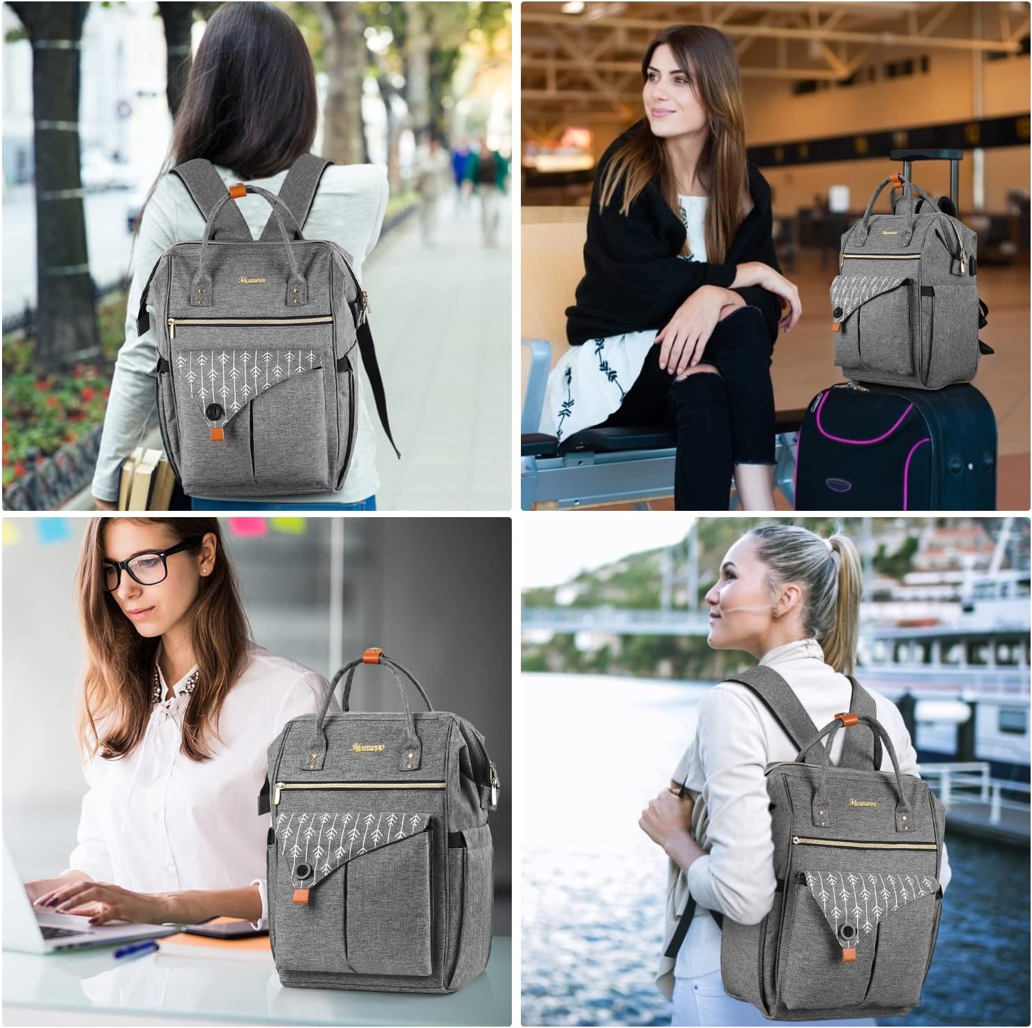 MOMUVO Laptop Backpack for Women, Grey, 17.3 Inch, with USB Charging Port, Dimension-11.2"L x 7.8"W x 17"H, 25L Capacity, 2 Compartments, 18 Pockets - Image 7