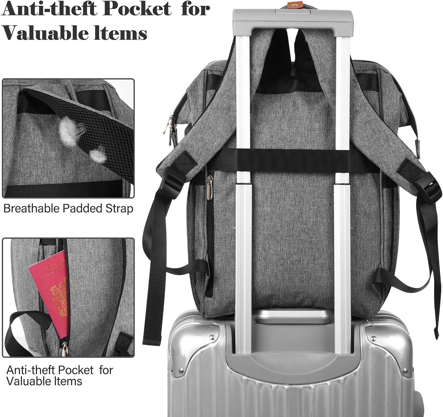 MOMUVO Laptop Backpack for Women, Grey, 17.3 Inch, with USB Charging Port, Dimension-11.2"L x 7.8"W x 17"H, 25L Capacity, 2 Compartments, 18 Pockets - Image 6