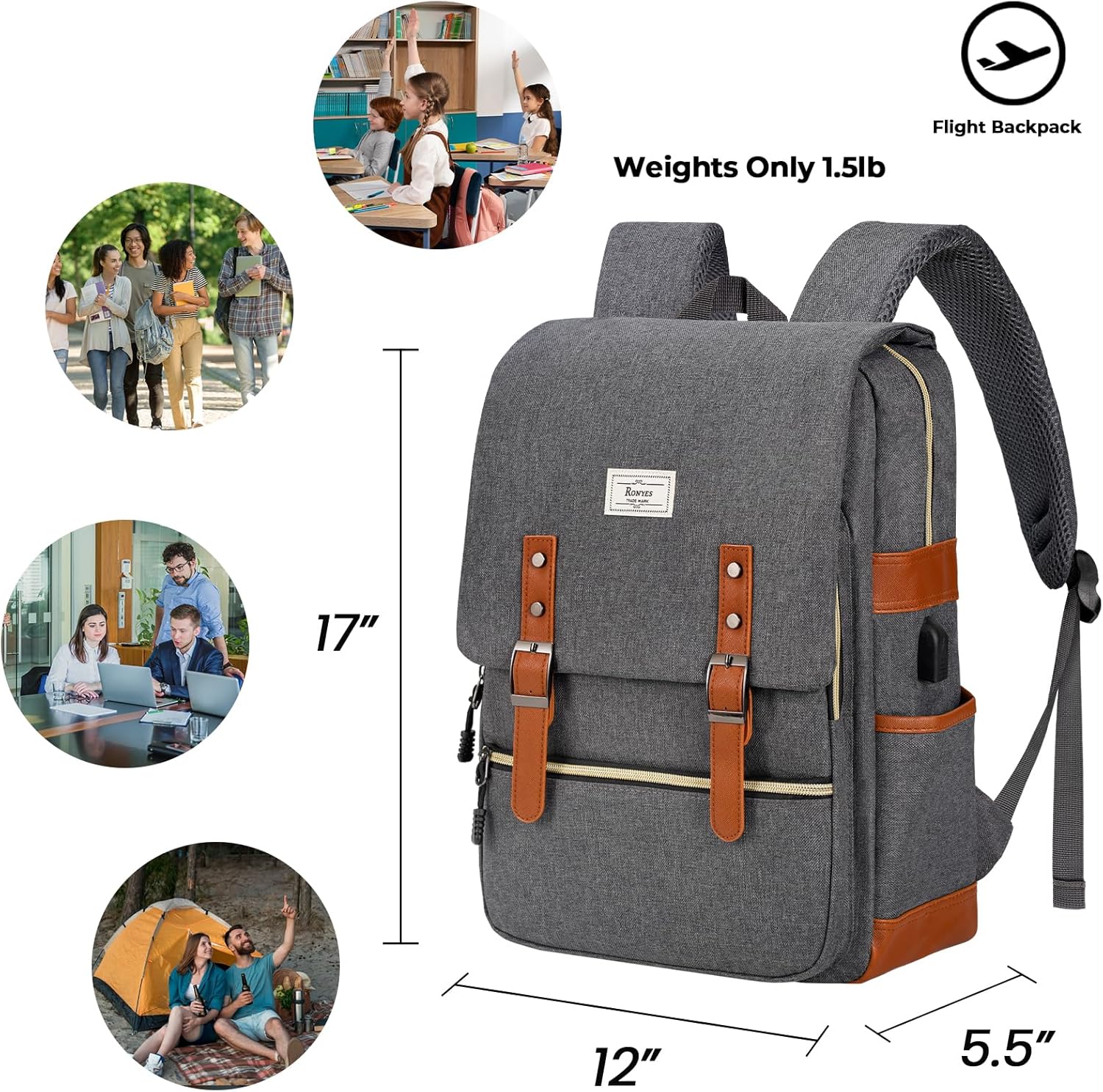 Ronyes Vintage Laptop Backpack for Women Men 15.6 inch Grey i##e##s: Bookbag ^^ Casual Daypack ^^ with USB Charging Port ^^ for College Work ^^ Backpacks :i##e##s - Image 2