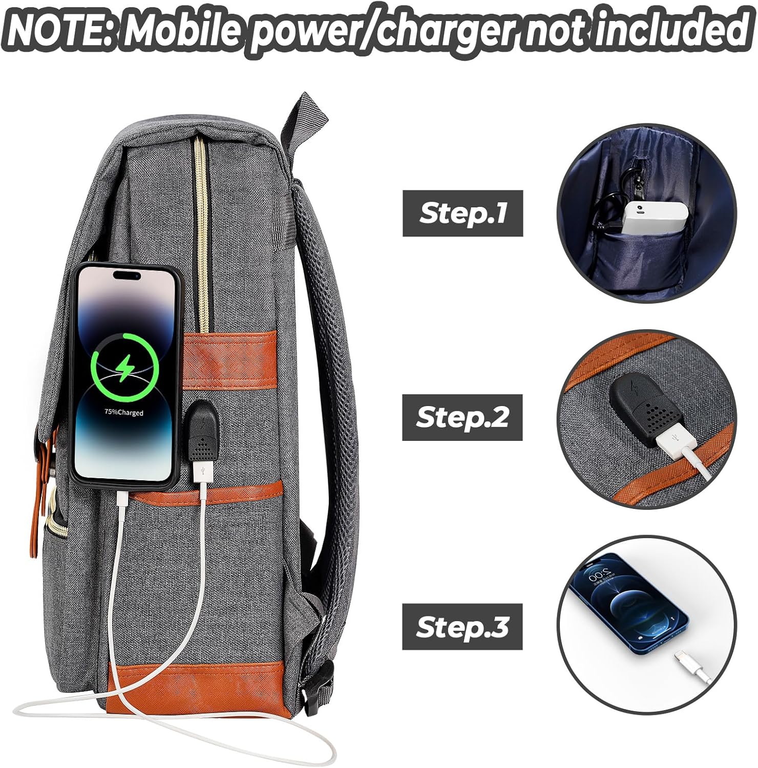 Ronyes Vintage Laptop Backpack for Women Men 15.6 inch Grey i##e##s: Bookbag ^^ Casual Daypack ^^ with USB Charging Port ^^ for College Work ^^ Backpacks :i##e##s - Image 3