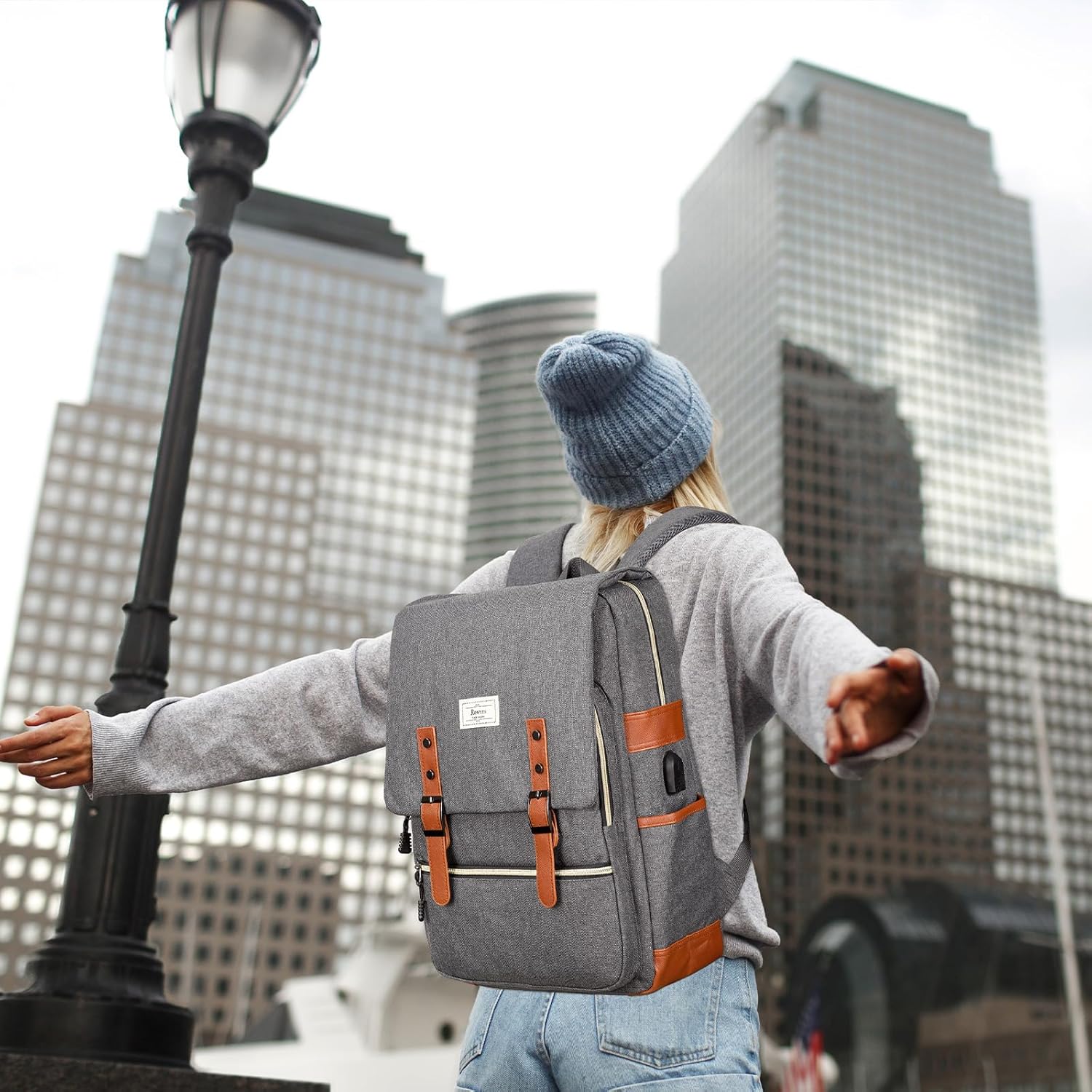 Ronyes Vintage Laptop Backpack for Women Men 15.6 inch Grey i##e##s: Bookbag ^^ Casual Daypack ^^ with USB Charging Port ^^ for College Work ^^ Backpacks :i##e##s - Image 6