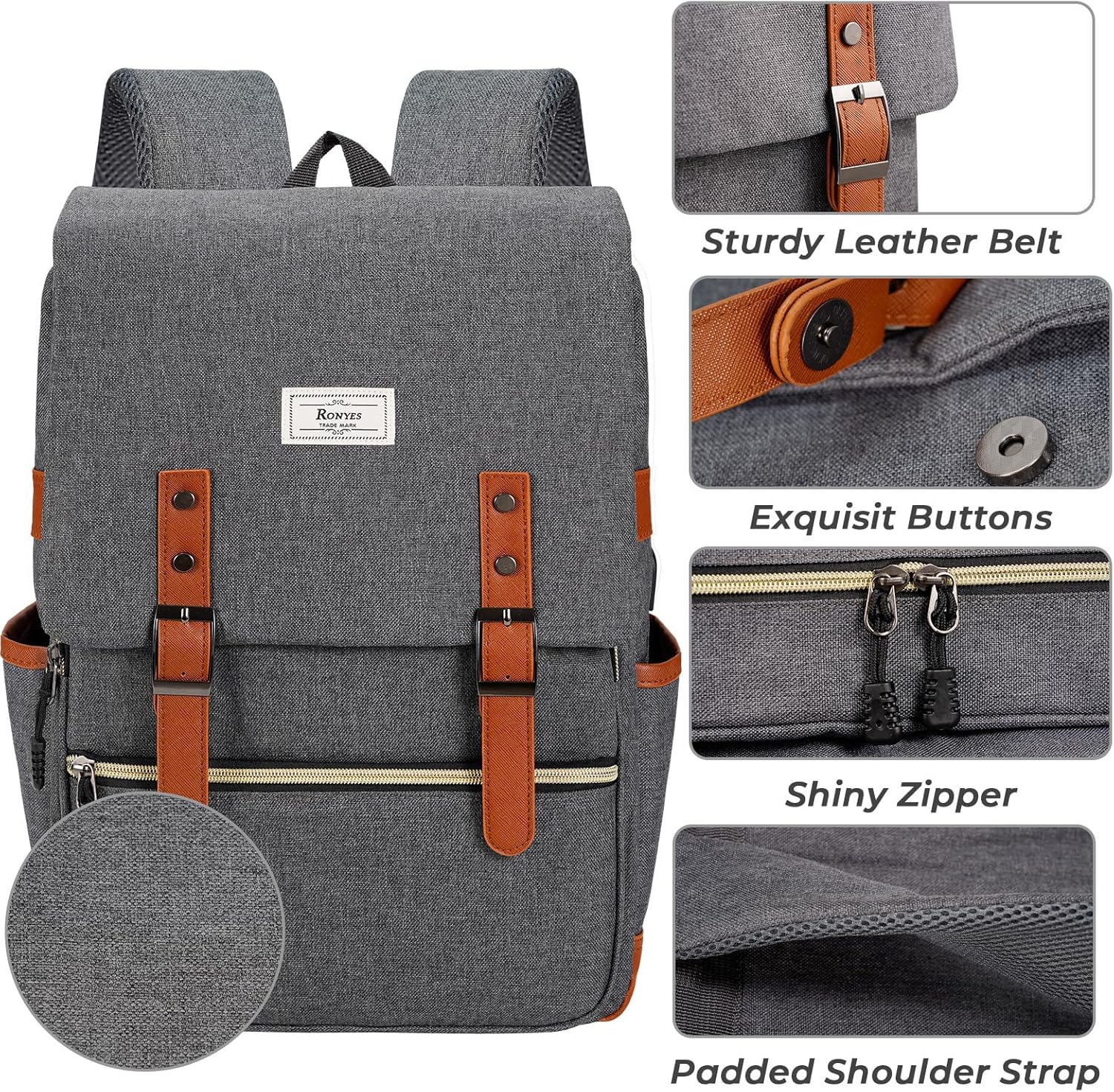 Ronyes Vintage Laptop Backpack for Women Men 15.6 inch Grey i##e##s: Bookbag ^^ Casual Daypack ^^ with USB Charging Port ^^ for College Work ^^ Backpacks :i##e##s - Image 4