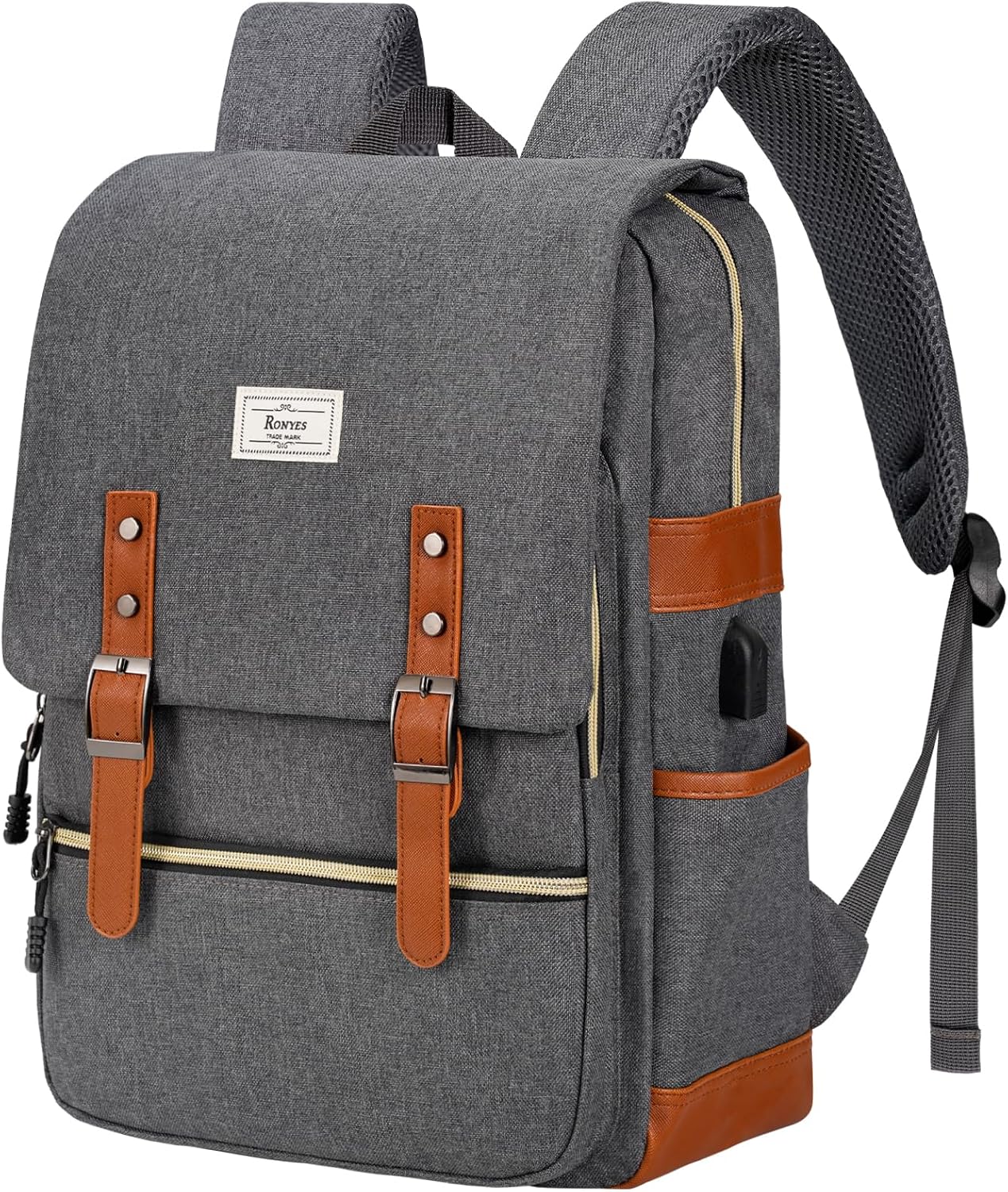 Ronyes Vintage Laptop Backpack for Women Men 15.6 inch Grey i##e##s: Bookbag ^^ Casual Daypack ^^ with USB Charging Port ^^ for College Work ^^ Backpacks :i##e##s